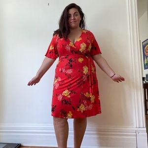 Red faux wrap dress with large floral print